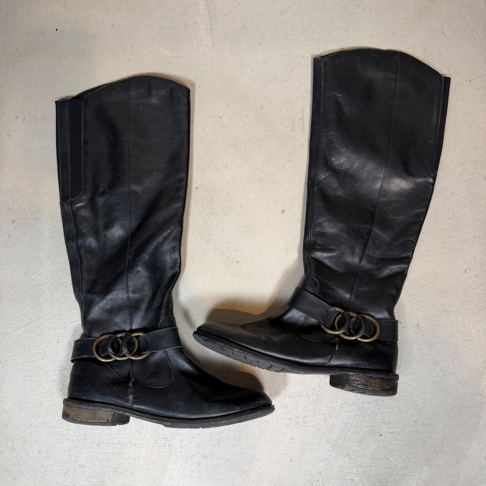 Remonte Black Leather Tall Riding Boots Harness ring Plaid Lined Size 39